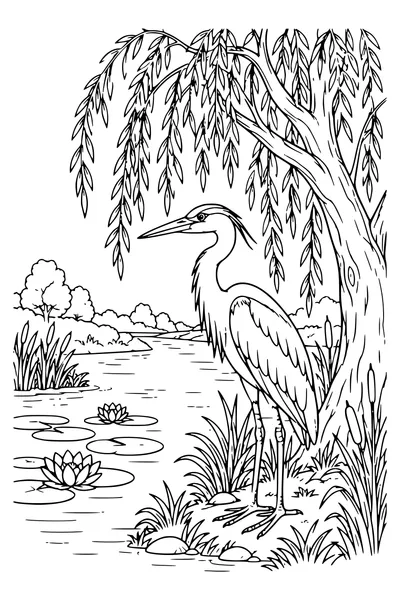 Ausmalbild: Reiher neben der Weide.