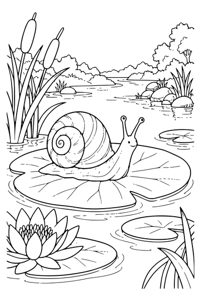 Ausmalbild: Wasserschnecke auf einem Blatt.