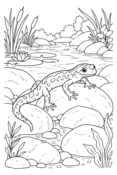 Ausmalbild: Salamander zwischen Steinen.