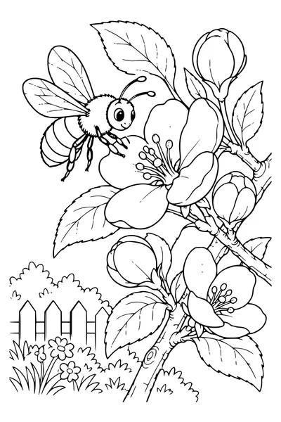 Ausmalbild: Biene an der Apfelblüte.
