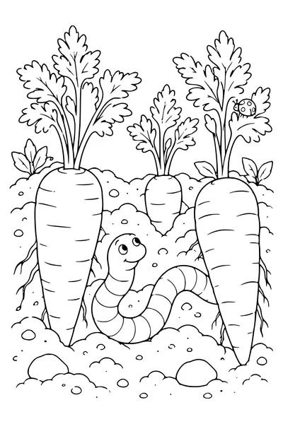 Ausmalbild: Wurm zwischen Gartenmöhren.