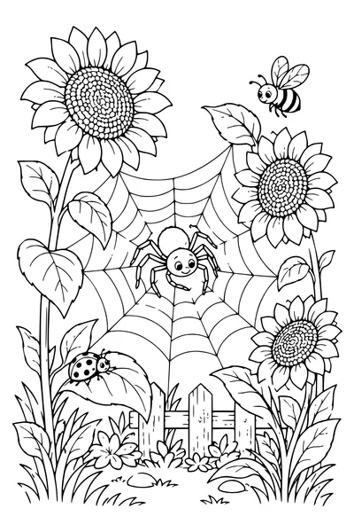 Ausmalbild: Spinne zwischen Sonnenblumen.