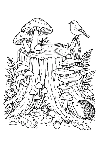 Ausmalbild: Pilze auf dem Baumstumpf.