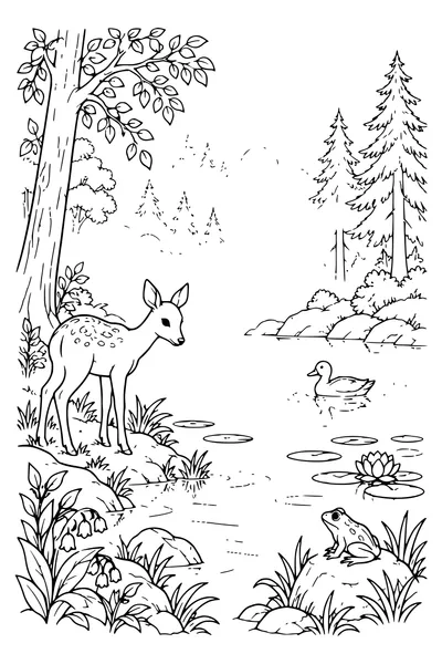 Ausmalbild: Waldteich im Morgennebel.