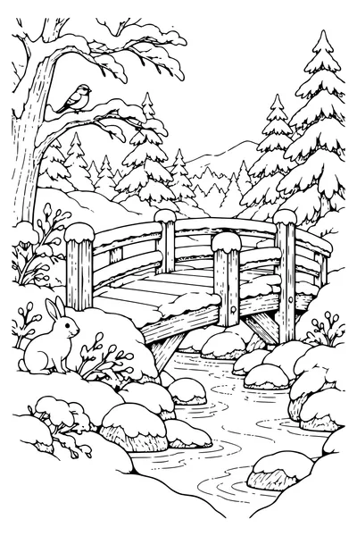 Ausmalbild: Verschneite Holzbrücke.