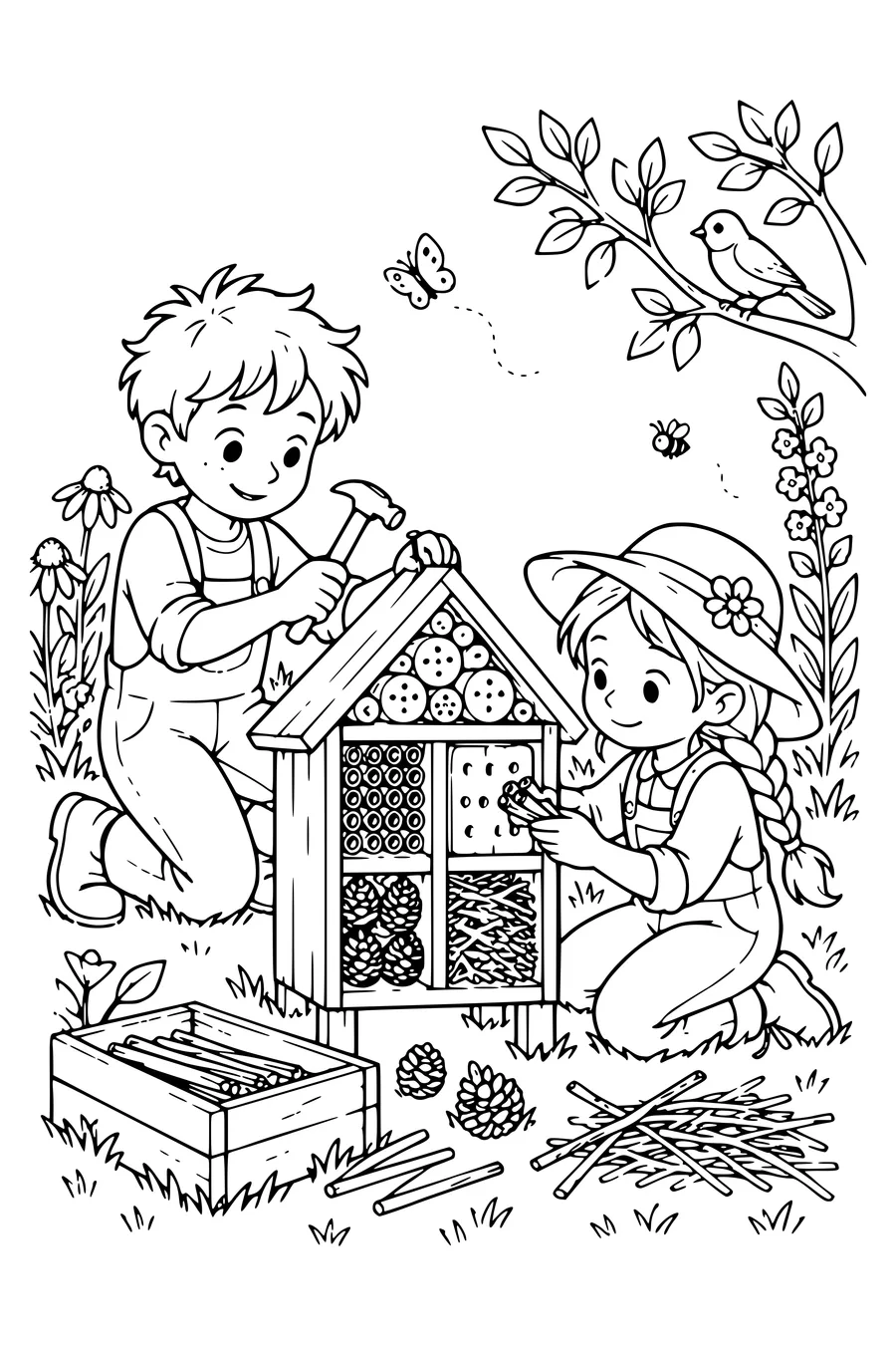 Kleurplaat: Samen een insectenhotel bouwen.