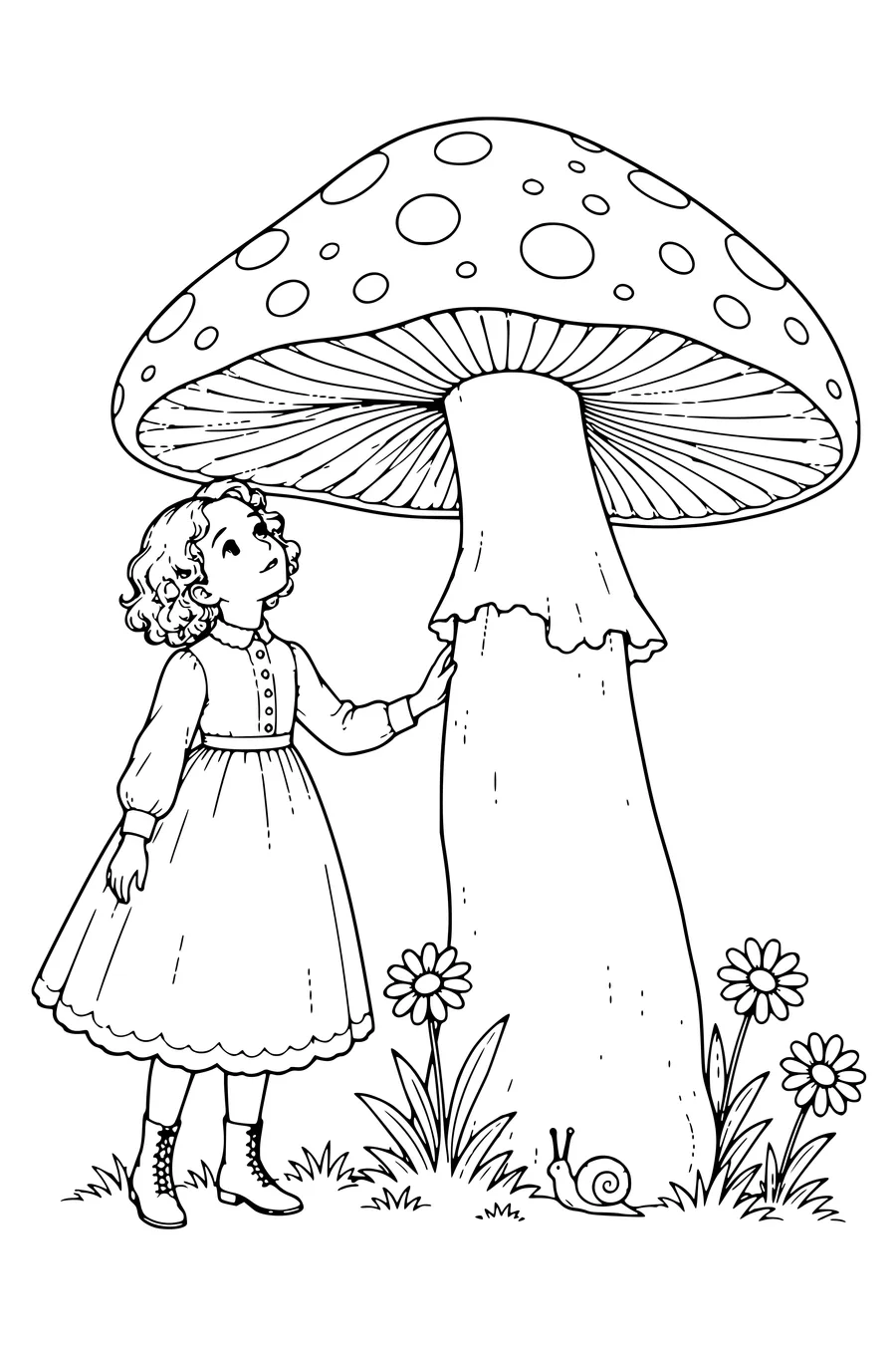 Coloriage : Alice près du champignon géant.