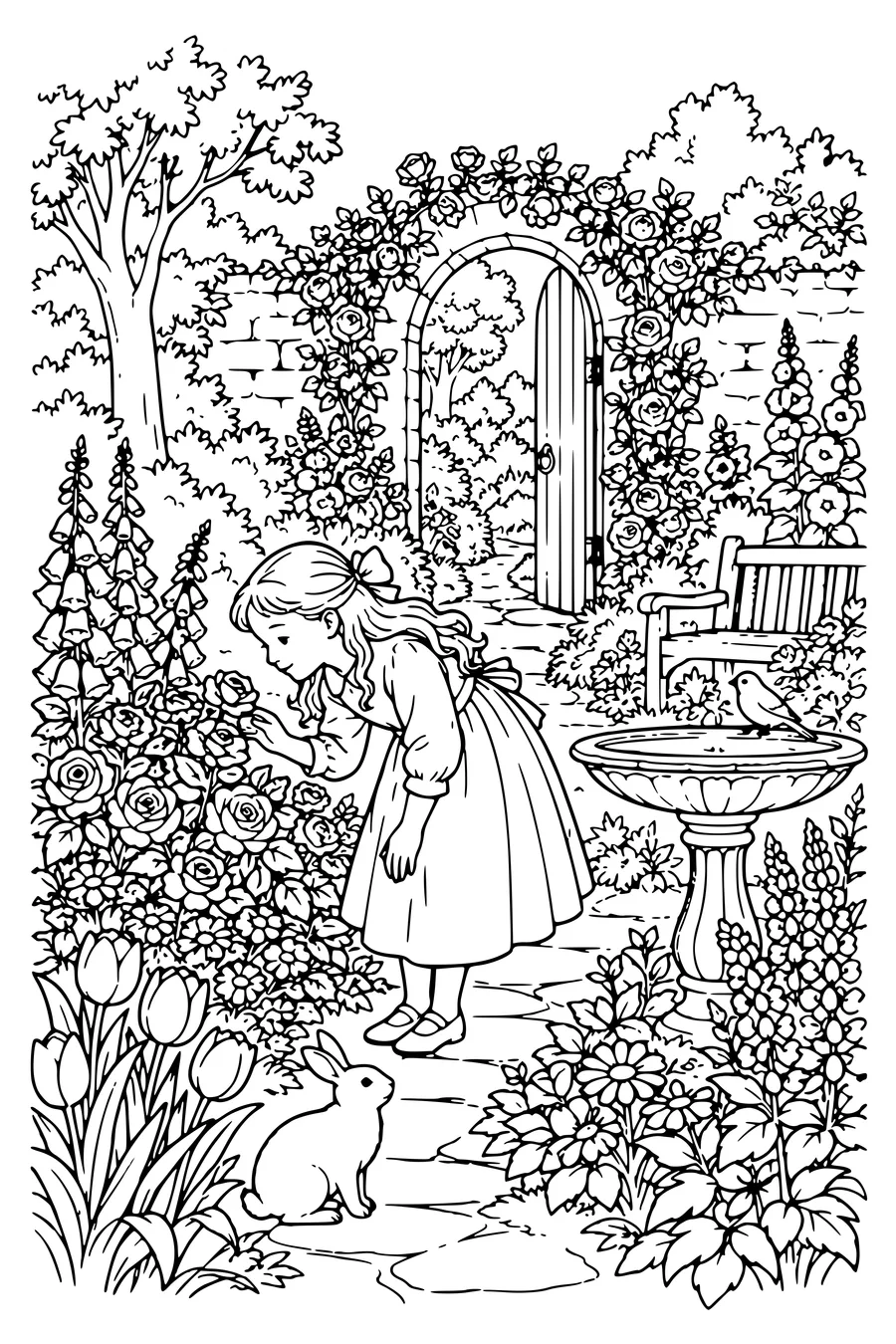 Coloriage : Le jardin secret en pleine floraison.