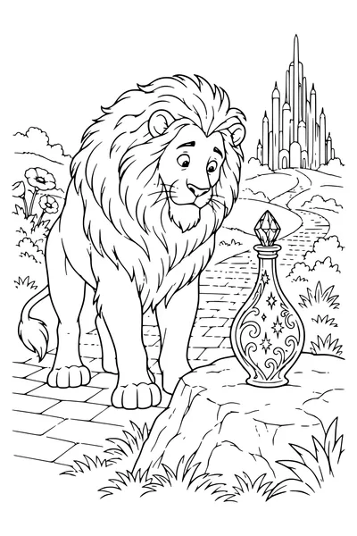 Coloring page: The Lion beside a curious bottle.
