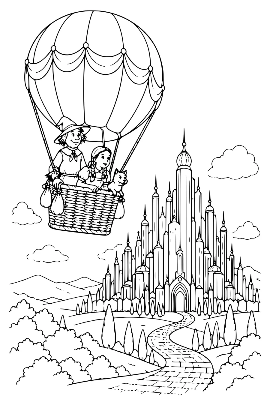 Kleurplaat: Luchtballon boven de Smaragdstad.