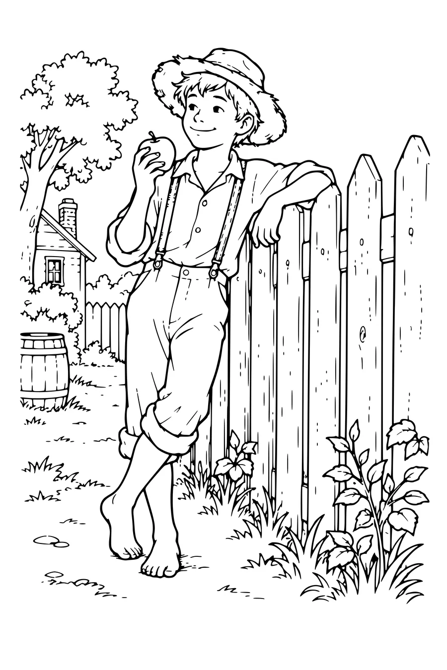 Coloriage : Tom et sa pomme près de la clôture.