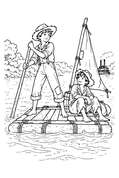 Coloring page: Tom and Huck on a raft.
