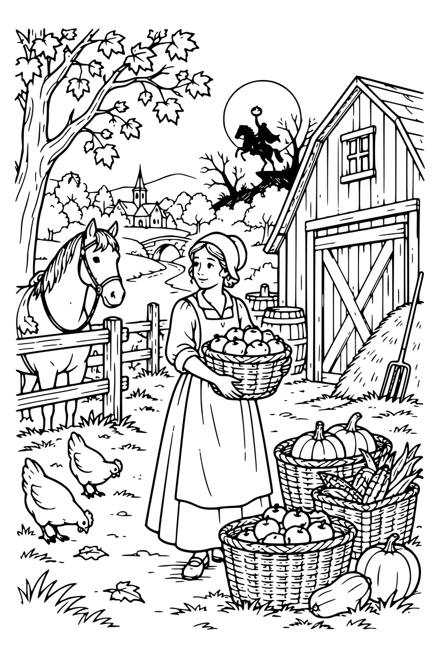 Coloring page: Harvest baskets on the farm.