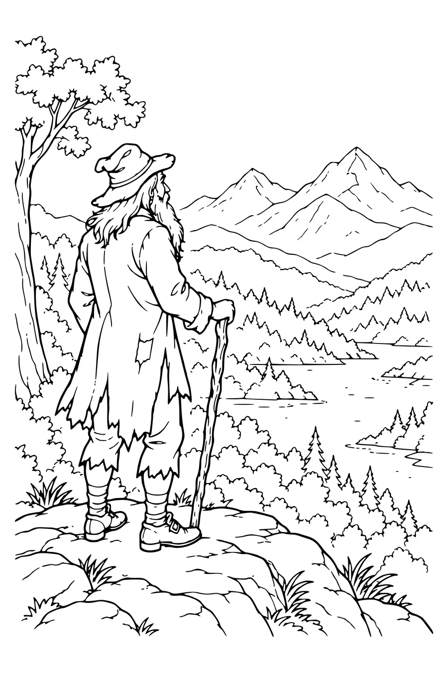 Ausmalbild: Rip blickt über die Berge.