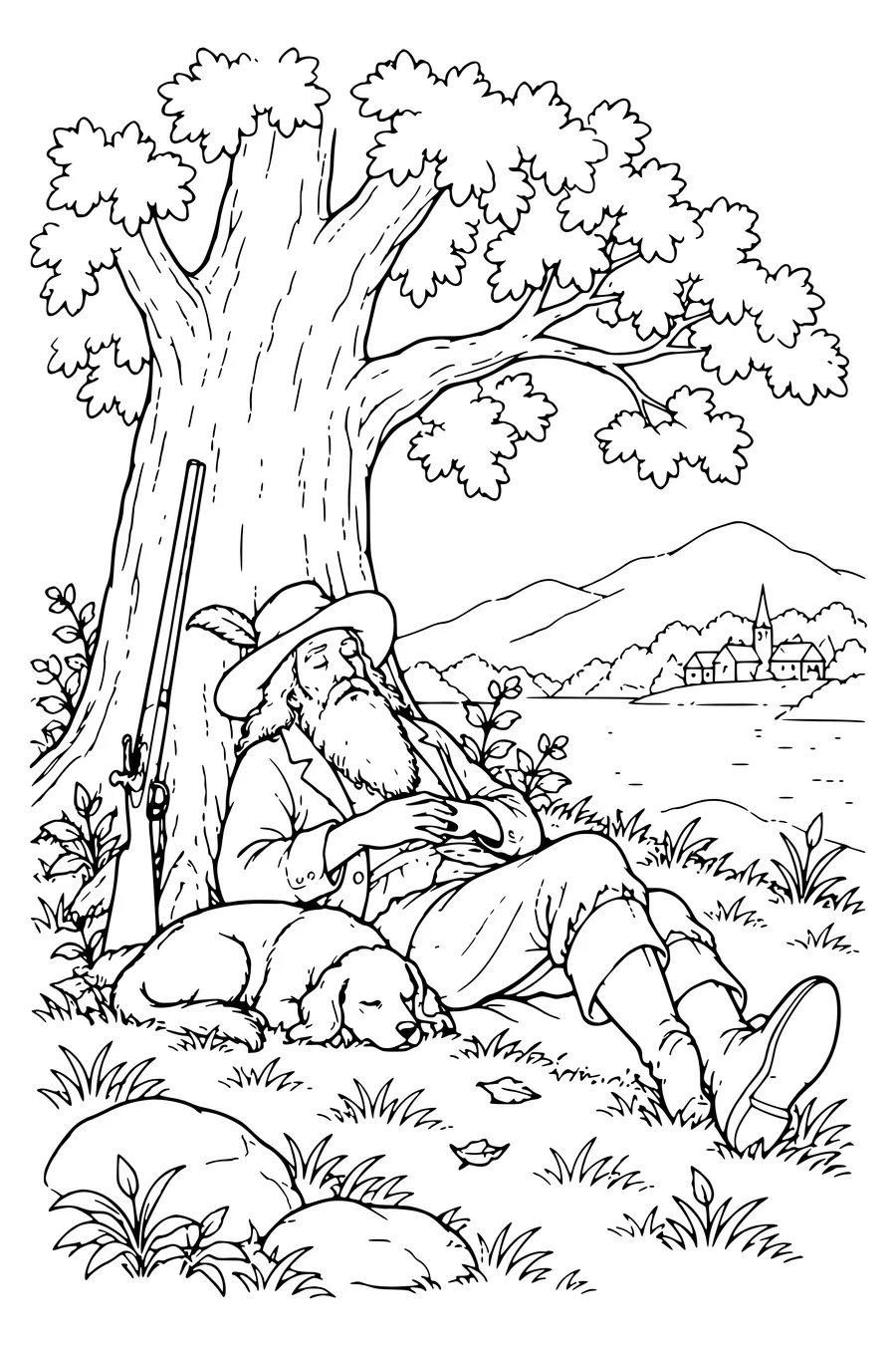 Coloring page: Rip Sleeps Beneath a Tree.