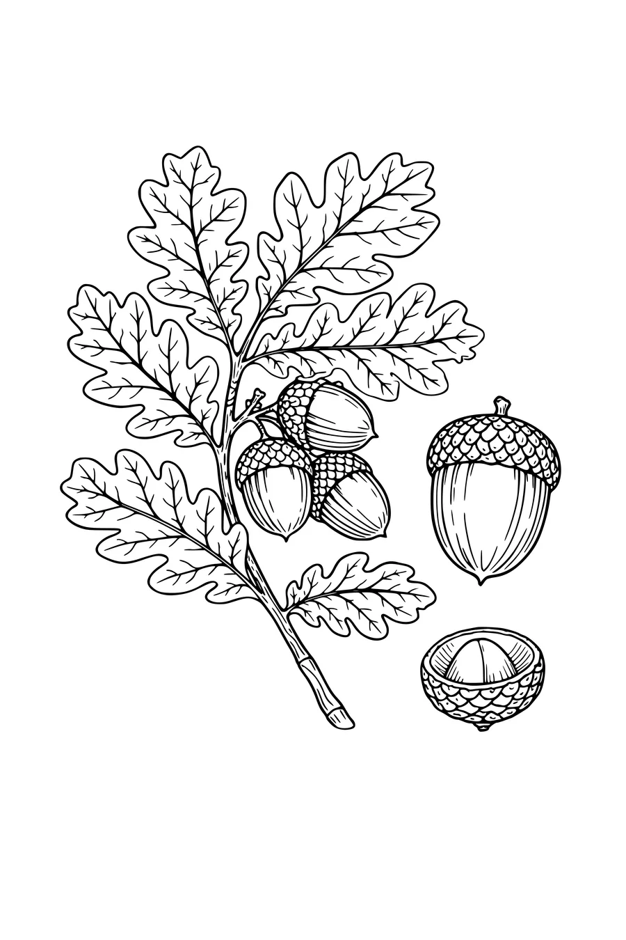 Kleurplaat van een botanische studie met eikenblad en eikels