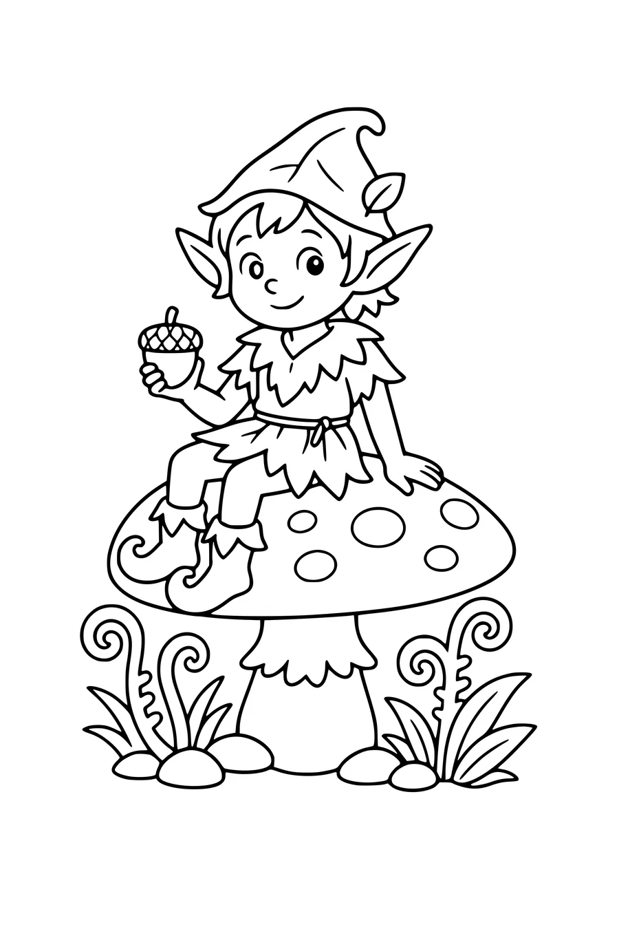 Coloring page of a friendly forest elf sitting on a mushroom
