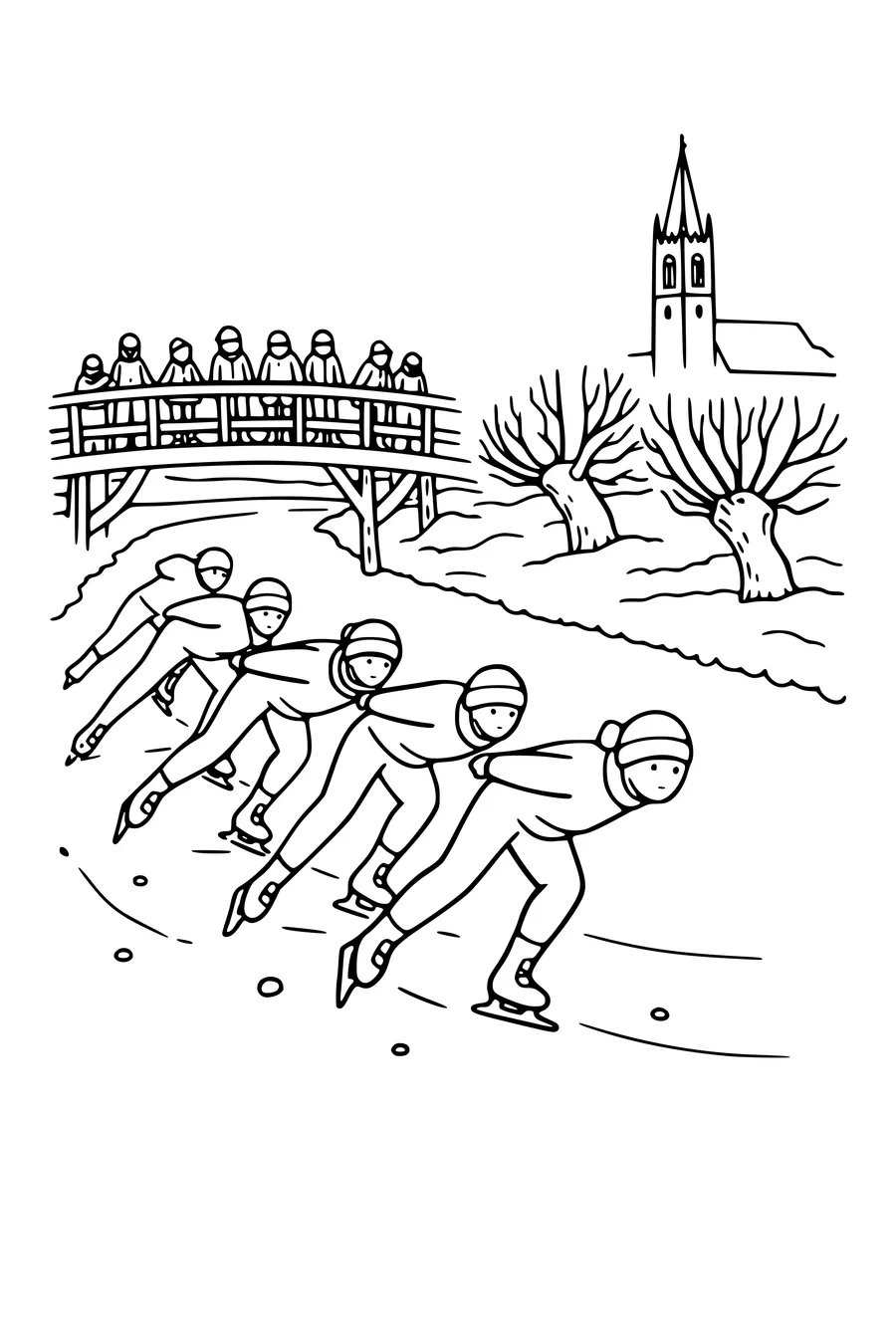 Coloring page of long-distance skaters on a frozen canal under a bridge
