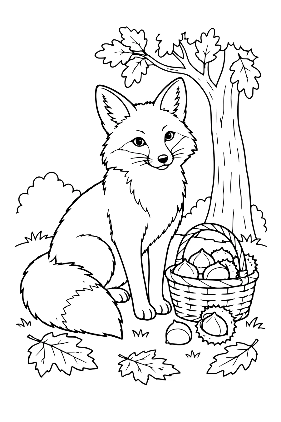 Coloring page: Fox beside a basket of chestnuts.