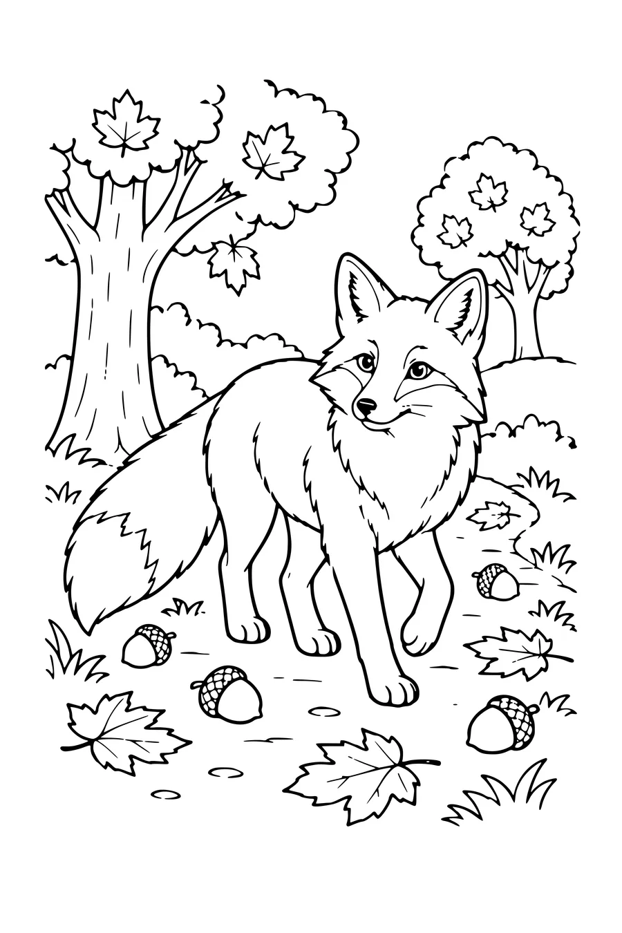 Coloring page: Fox along an acorn-covered path.