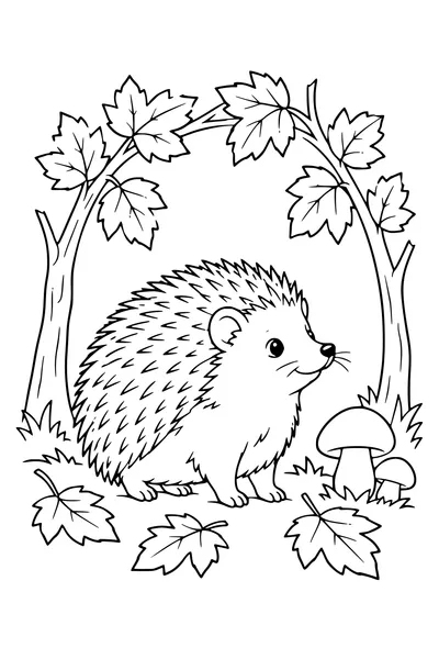 Kleurplaat: Egel onder een boog van herfstbladeren.