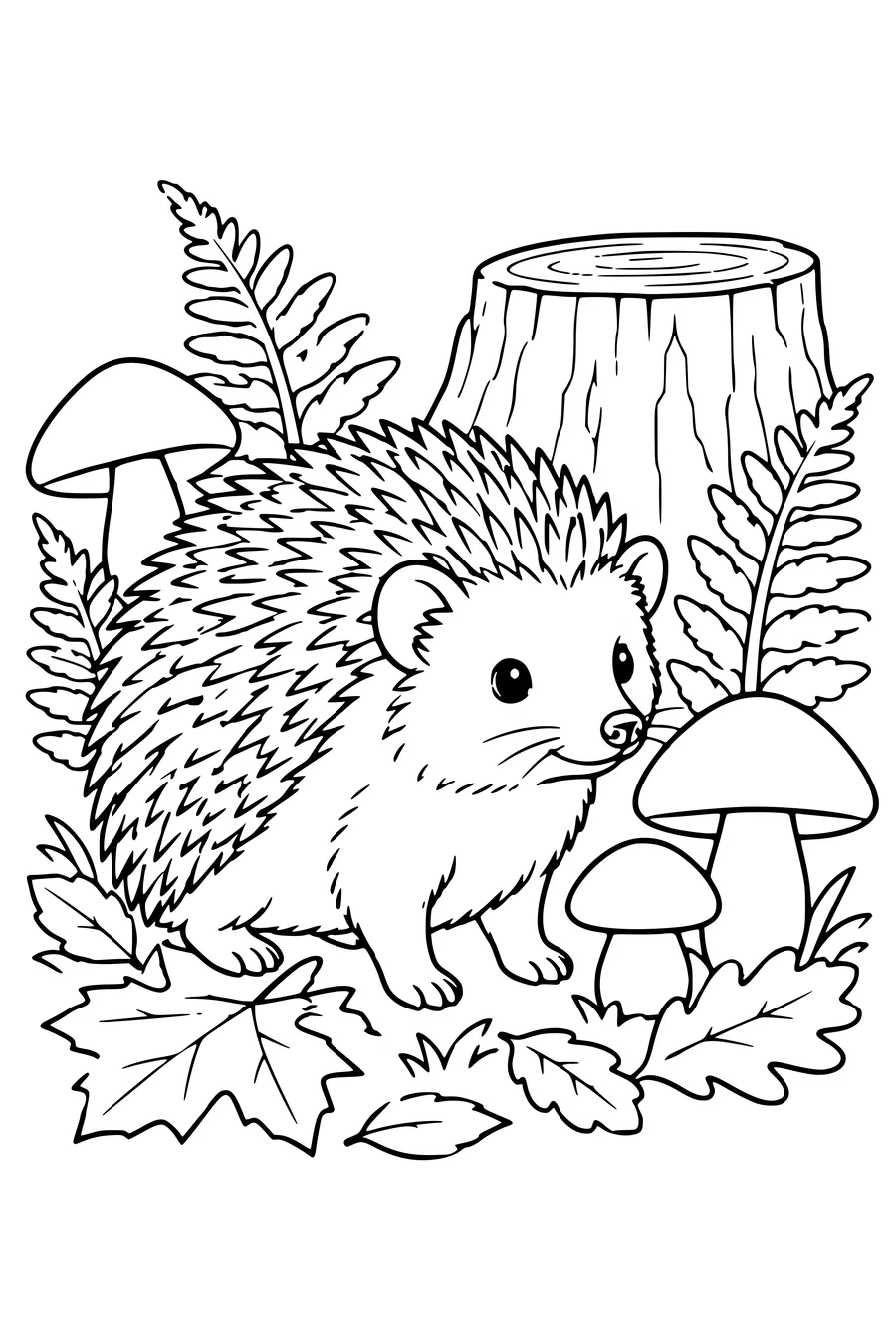 Coloriage: Hérisson parmi les champignons et les fougères.