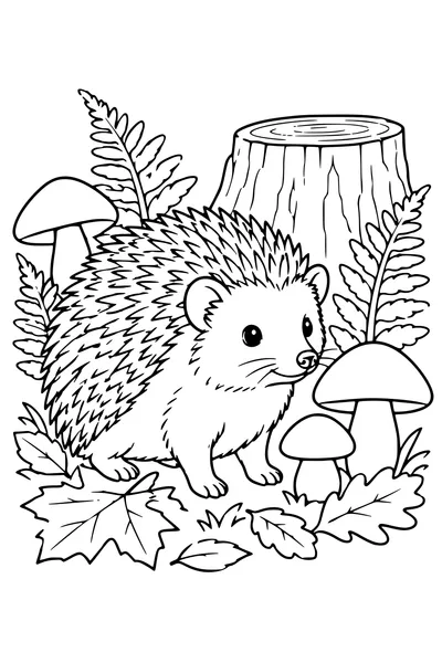 Kleurplaat: Egel tussen paddenstoelen en varens.