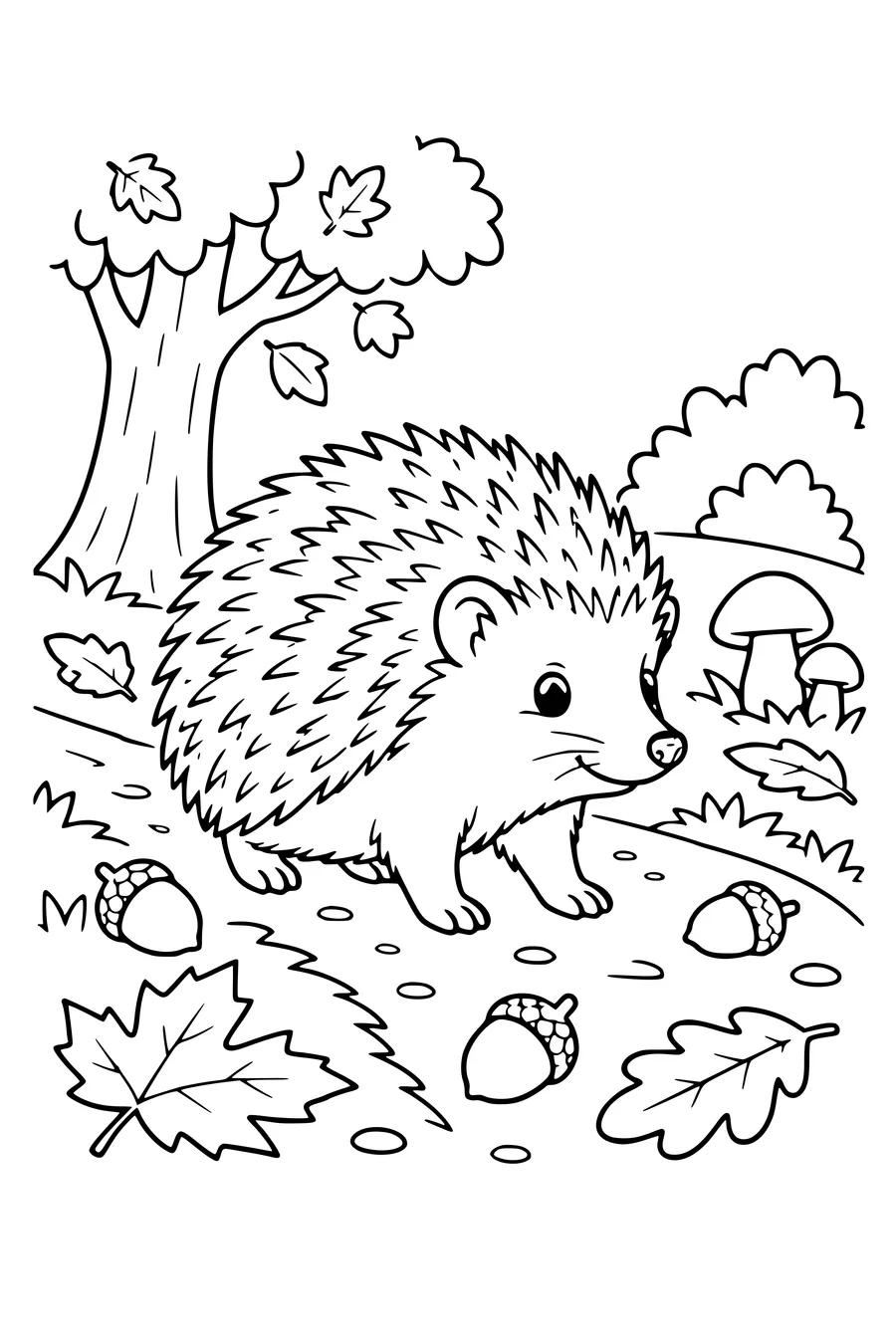 Coloring page: Hedgehog along an acorn-covered path.