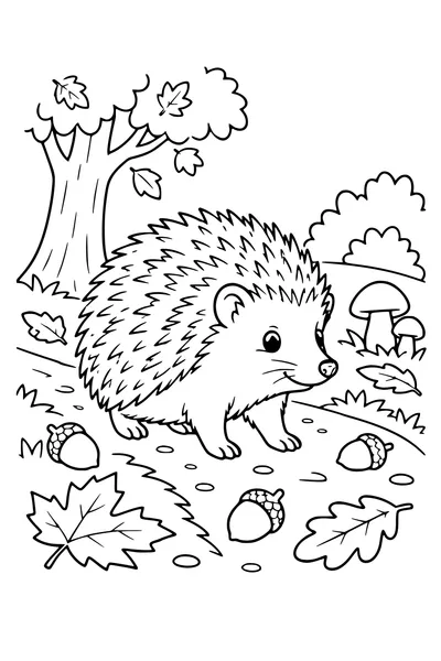Coloriage: Hérisson sur un sentier couvert de glands.