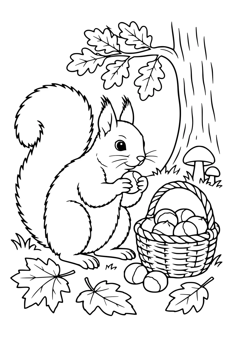 Coloriage: Écureuil près d’un panier de châtaignes.