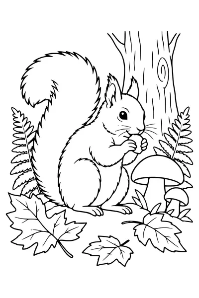 Coloriage: Écureuil parmi les champignons et les fougères.