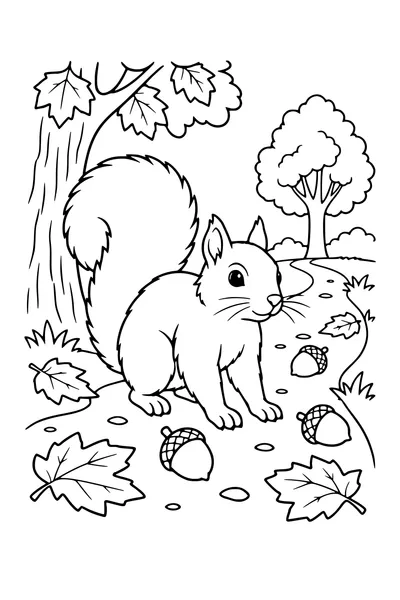 Coloriage: Écureuil sur un sentier couvert de glands.
