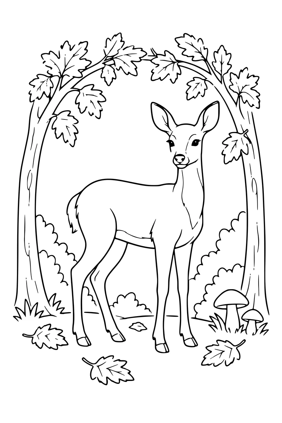 Ausmalbild: Reh unter einem Bogen aus Herbstlaub.