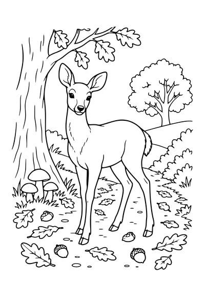Coloriage: Chevreuil sur un sentier couvert de glands.
