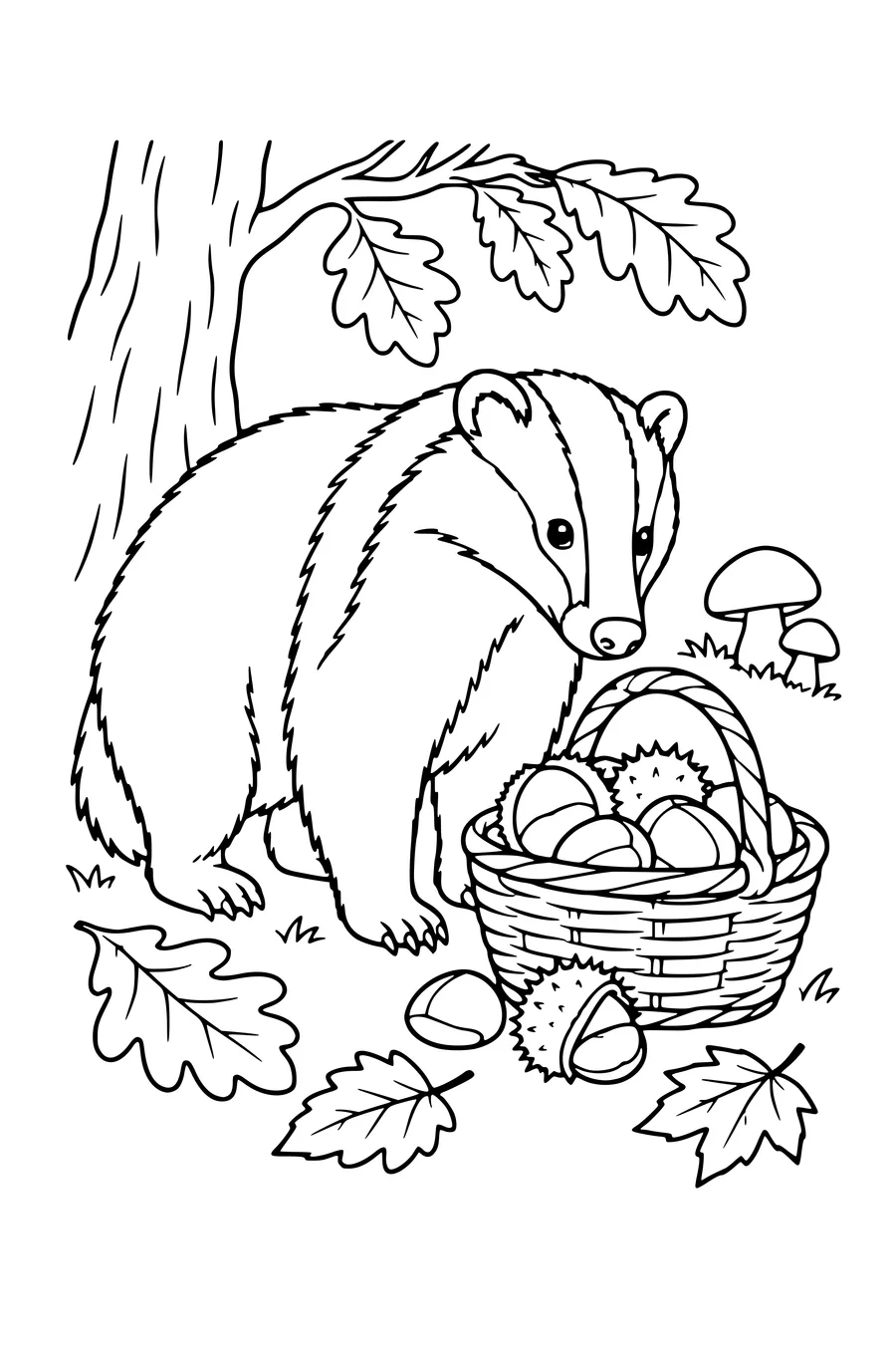 Coloring page: Badger beside a basket of chestnuts.