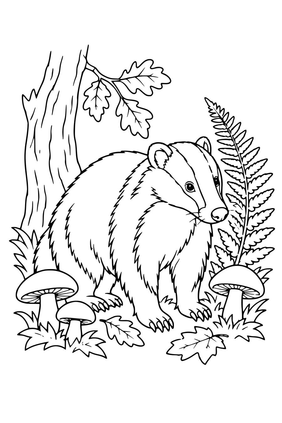 Coloriage: Blaireau parmi les champignons et les fougères.