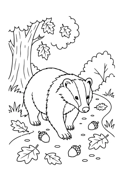 Coloriage: Blaireau sur un sentier couvert de glands.
