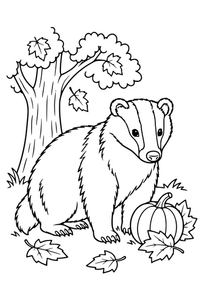 Coloriage: Blaireau près d’une petite citrouille et de feuilles.