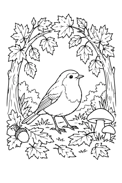 Coloriage: Rouge-gorge sous une arche de feuilles d’automne.