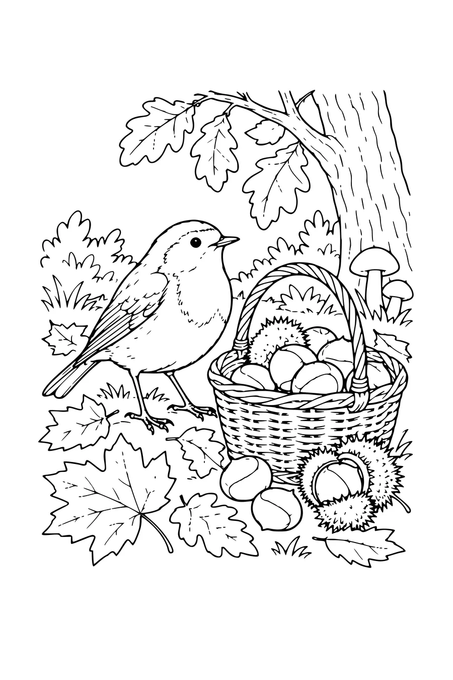 Coloring page: Robin beside a basket of chestnuts.