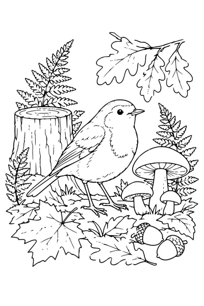 Coloriage: Rouge-gorge parmi les champignons et les fougères.