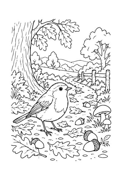 Coloriage: Rouge-gorge sur un sentier couvert de glands.