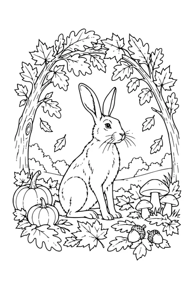 Coloriage: Lièvre sous une arche de feuilles d’automne.