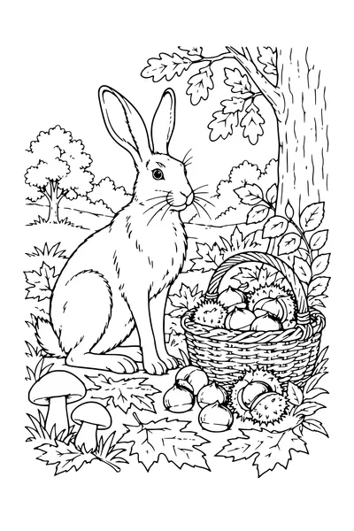 Coloriage: Lièvre près d’un panier de châtaignes.