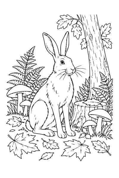 Coloriage: Lièvre parmi les champignons et les fougères.