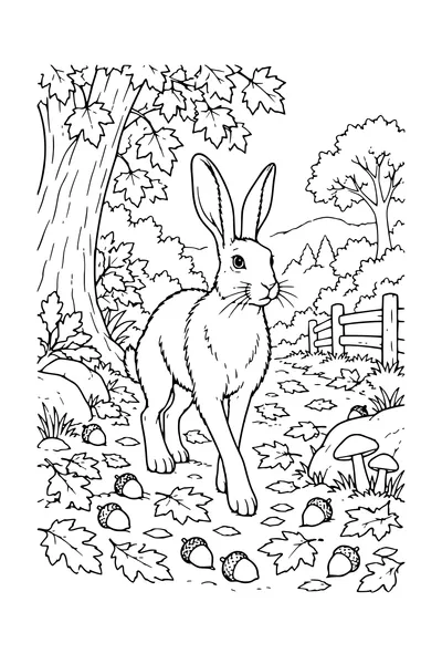 Coloriage: Lièvre sur un sentier couvert de glands.