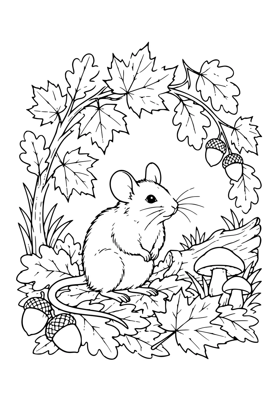 Coloring page: Wood mouse under an arch of autumn leaves.