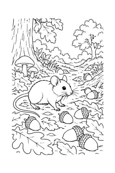 Coloriage: Mulot sur un sentier couvert de glands.