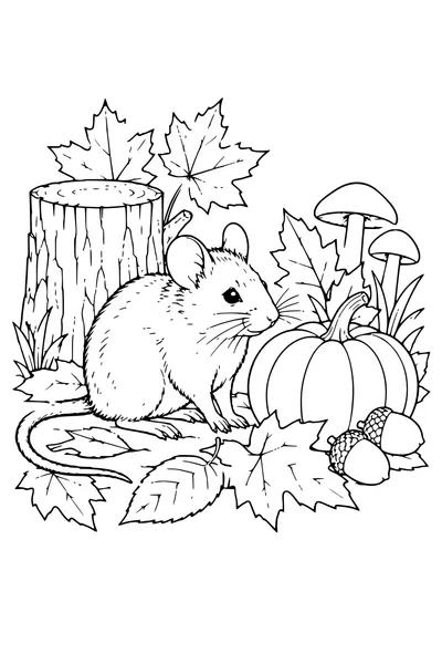 Coloriage: Mulot près d’une petite citrouille et de feuilles.