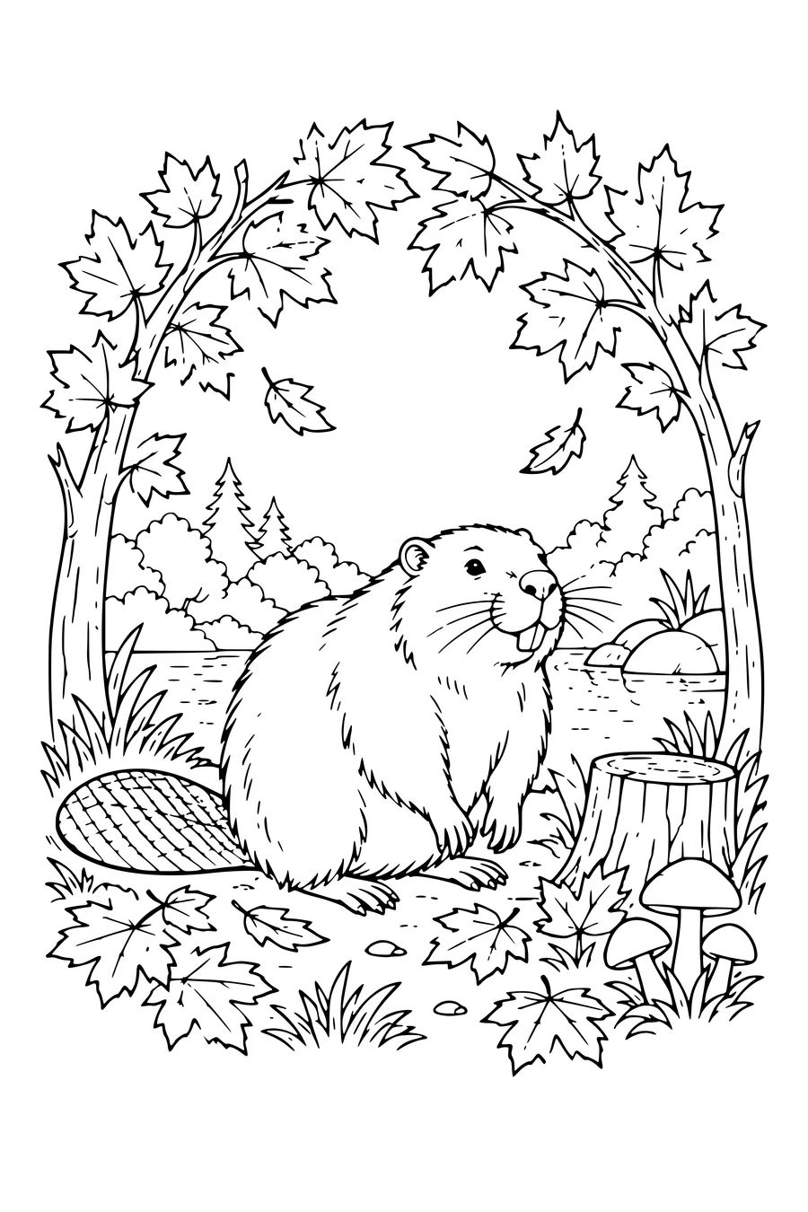 Kleurplaat: Bever onder een boog van herfstbladeren.
